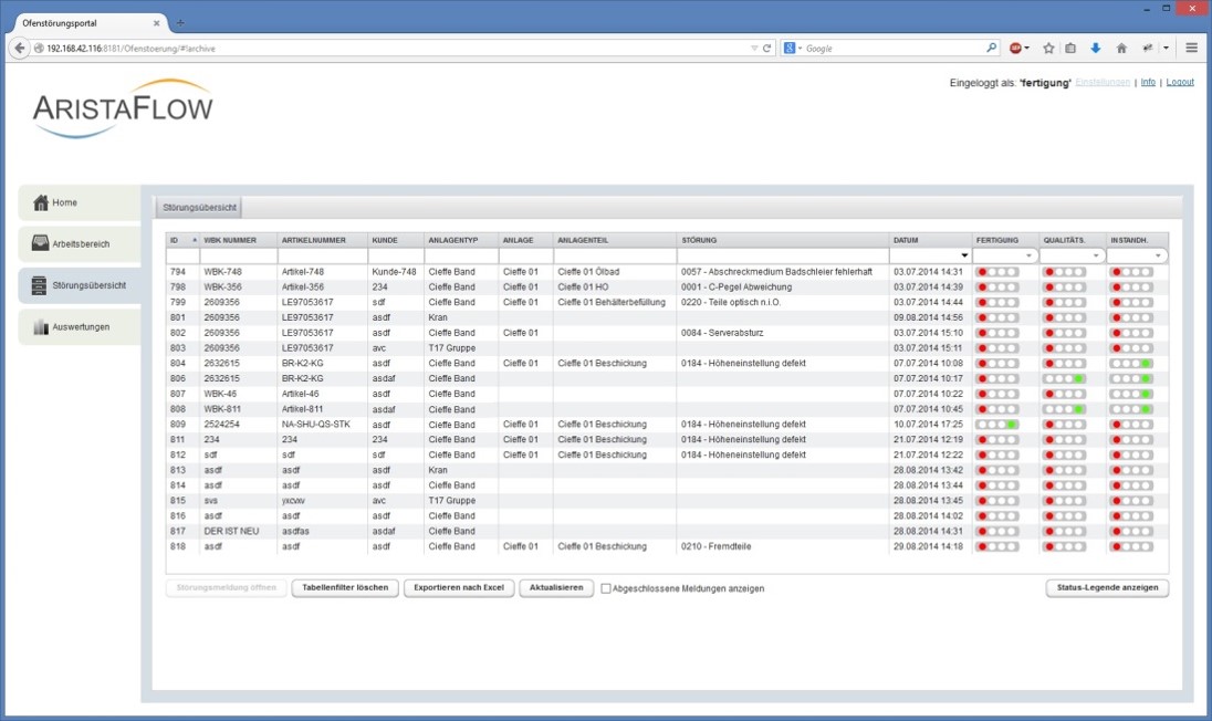 Übersicht aller Störungsmeldungen