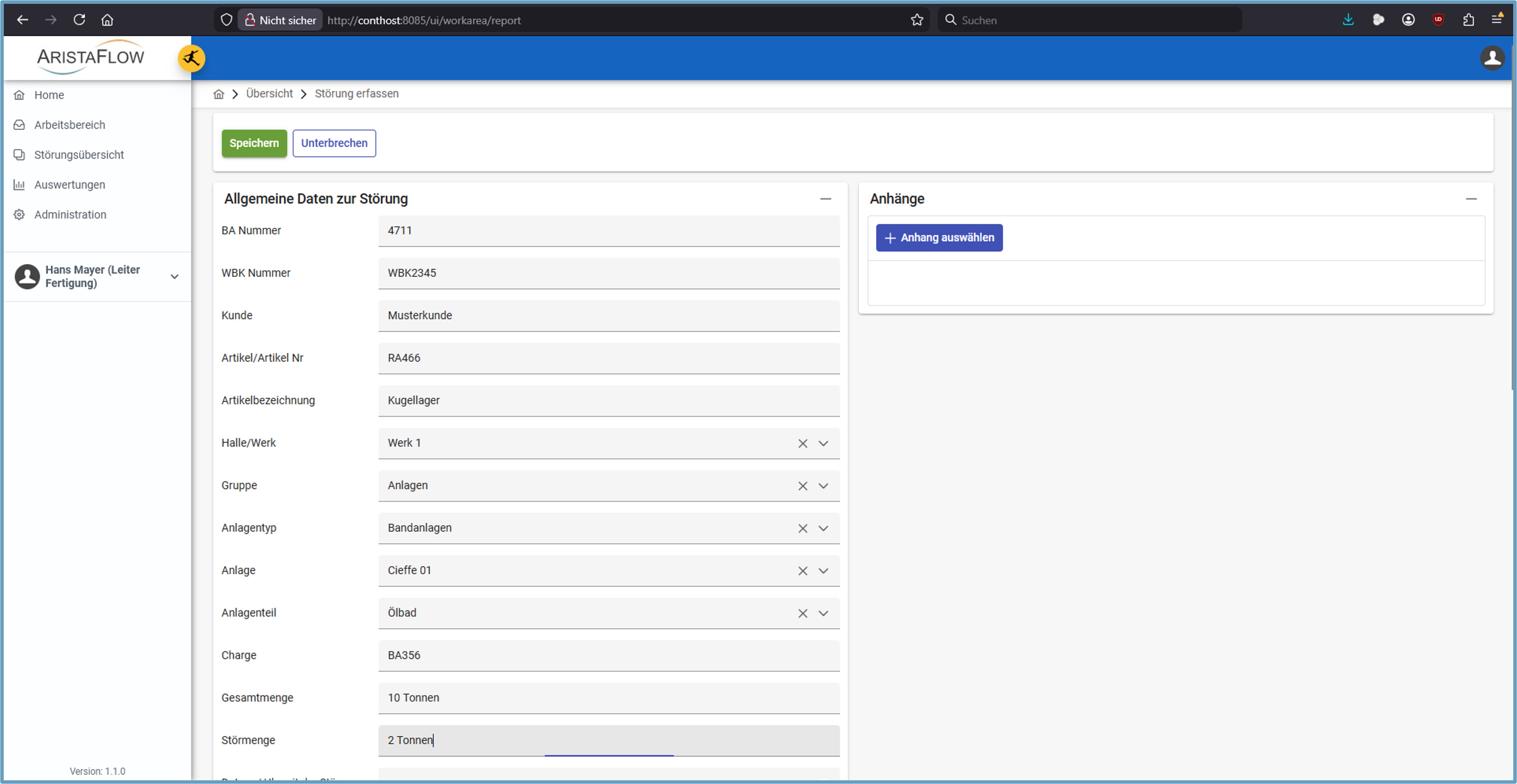 Erfassung einer Störungsmeldung im Formular
